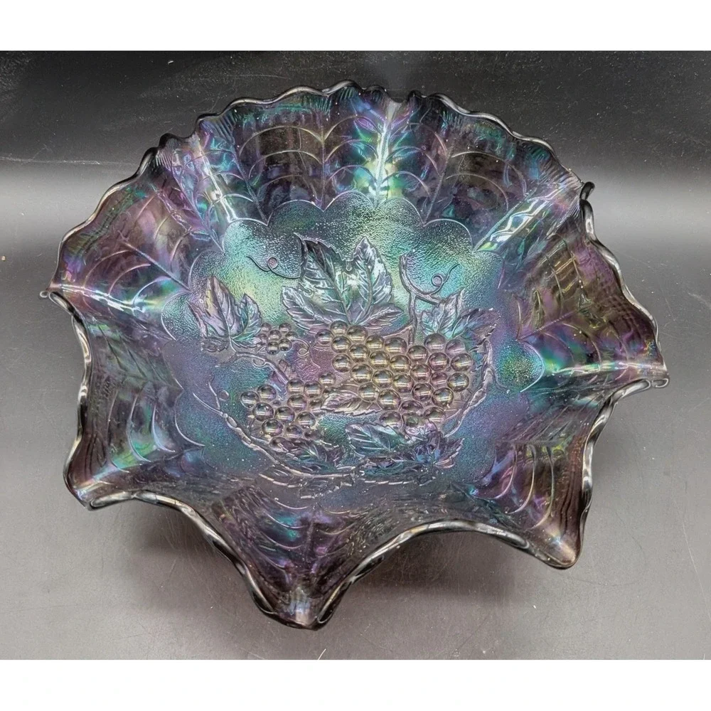 Imperial Amethyst Carnival Glass Grape and Cable Ruffled Bowl Iridescent Purple